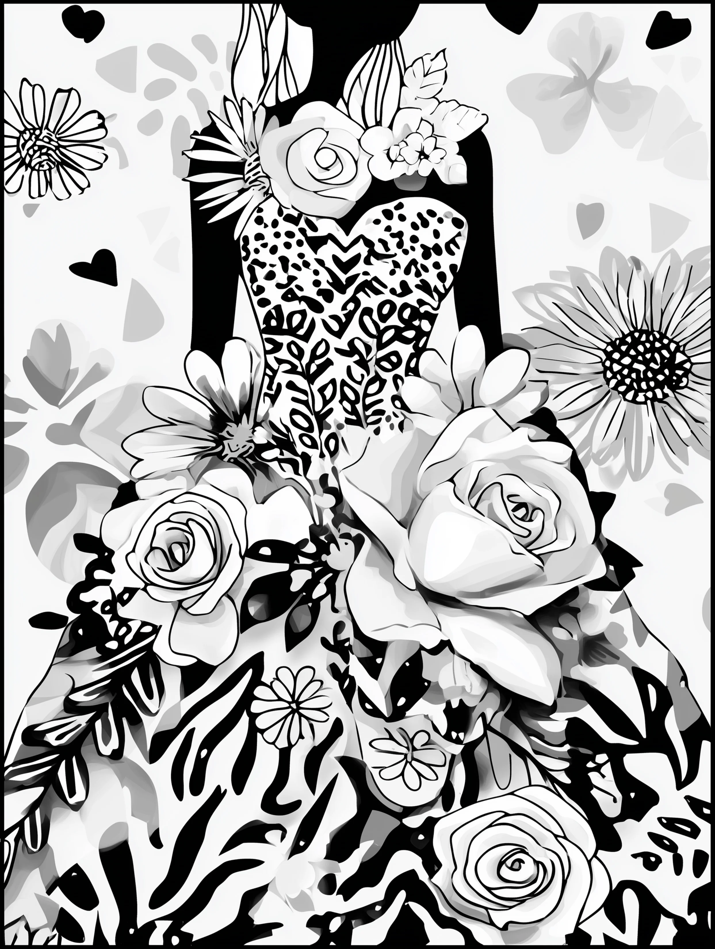 Free printable dress coloring page for adults featuring a floral dress with zebra print patterns